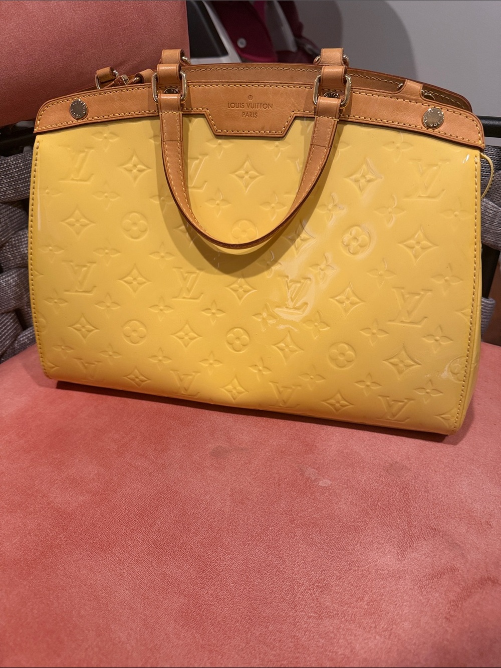 Louis Vuitton Yellow Monogram Vernis Alma-Style Satchel with Tan Trim